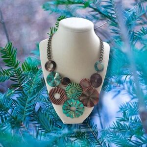 Rustic Boho Brass Tone Multicolor Distressed Metal Discs Statement Necklace